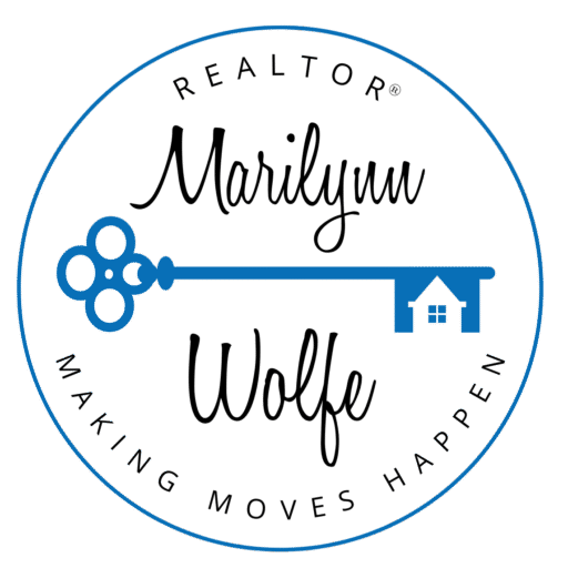 Marilynn Wolfe Realtor logo in coastal blue with key icon and text “Making Moves Happen,” representing Florida real estate and luxury coastal living.