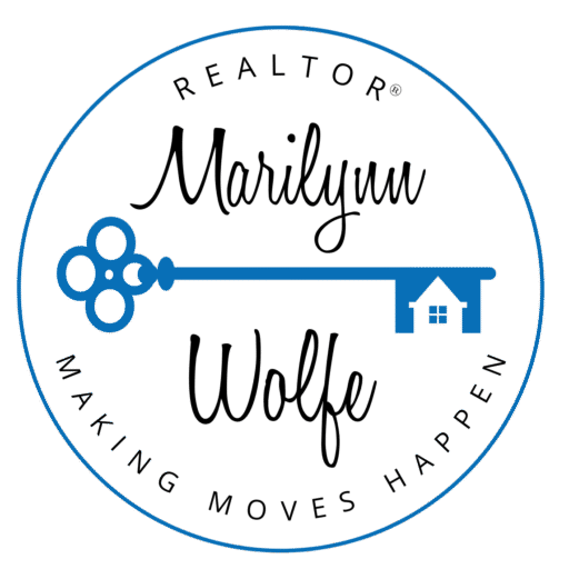 Marilynn Wolfe Realtor logo in coastal blue with key icon and text “Making Moves Happen,” representing Florida real estate and luxury coastal living.